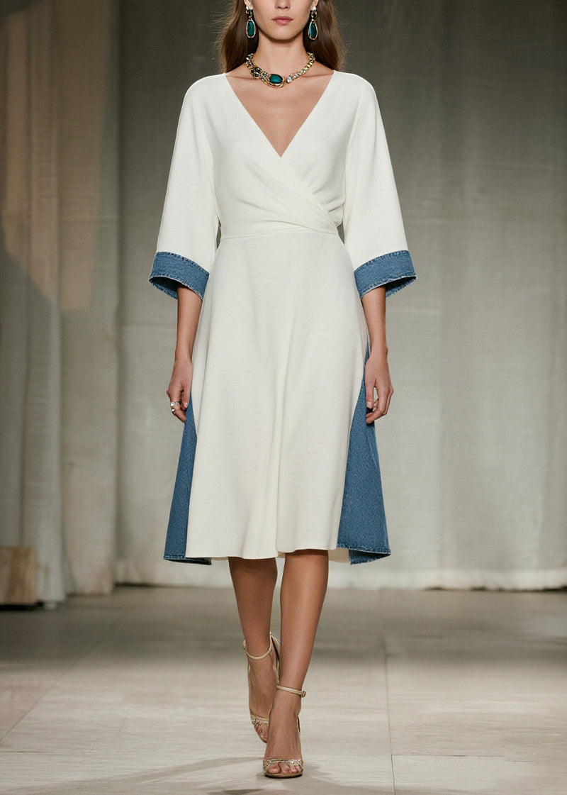 White V Neck Patchwork Denim Day Dress Summer