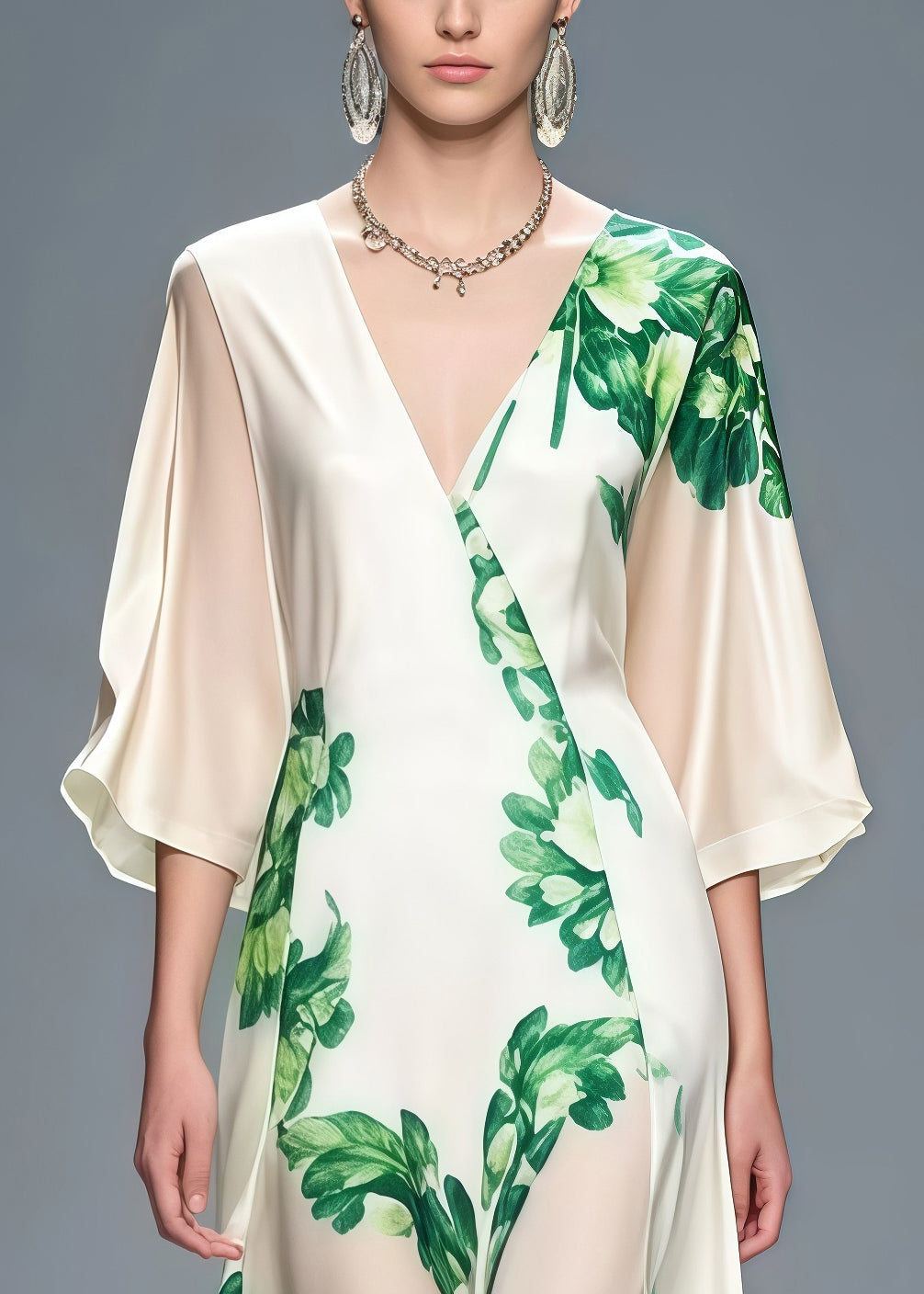 White V Neck Print Chiffon Dinner Dress Bracelet Sleeve