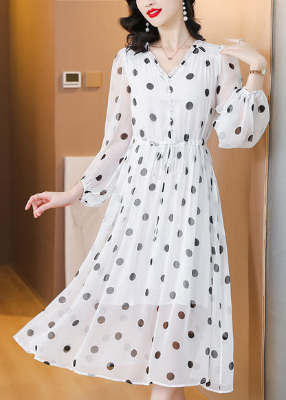 White V Neck Print Drawstring Chiffon Dress Lantern Sleeve