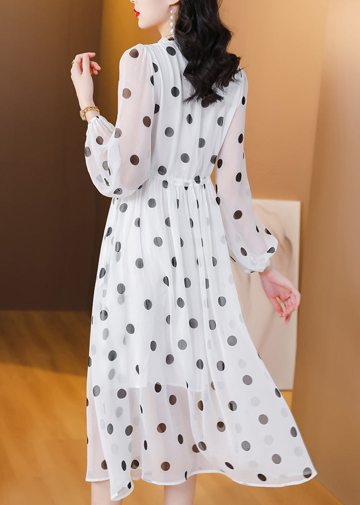 White V Neck Print Drawstring Chiffon Dress Lantern Sleeve