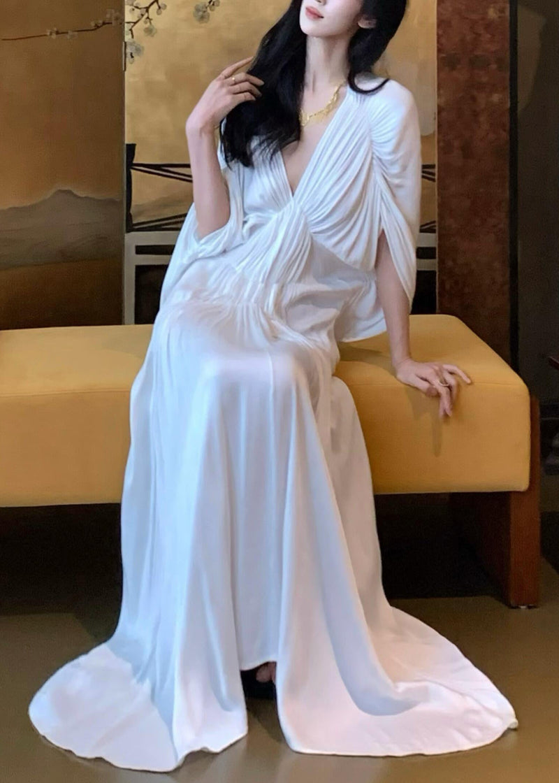 White V Neck Wrinkled Dresses Batwing Sleeve