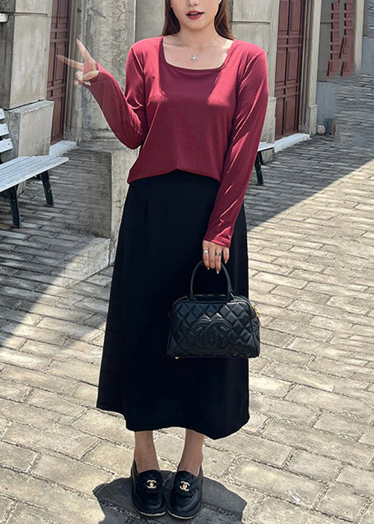 Wine Red Square Collar Patchwork Knit Tops and Skirts Two Pieces Set Fall