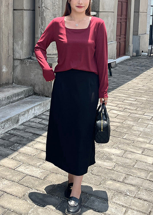 Wine Red Square Collar Patchwork Knit Tops and Skirts Two Pieces Set Fall