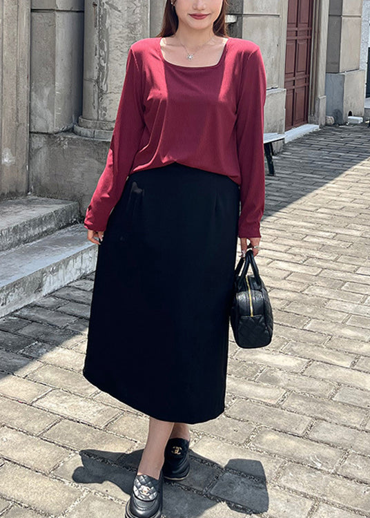 Wine Red Square Collar Patchwork Knit Tops and Skirts Two Pieces Set Fall