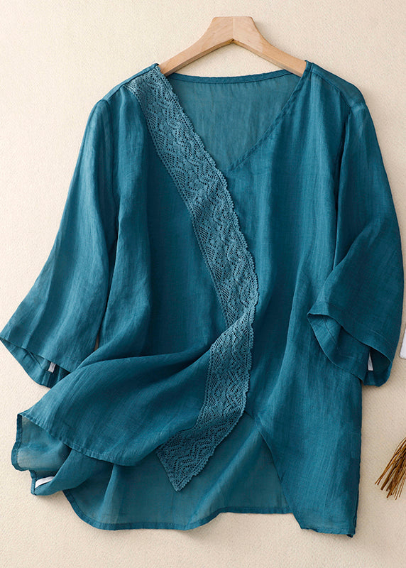 Yellow Asymmetrical Lace Patchwork Linen Shirts Summer