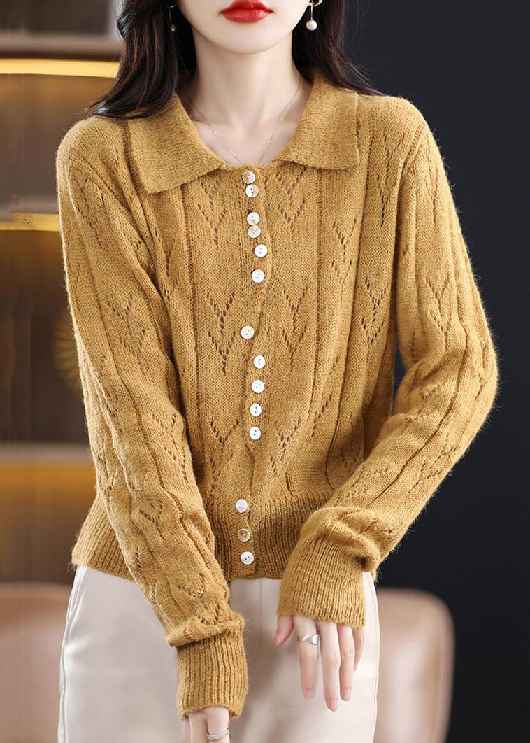 Yellow Button Hollow Out Knit Sweater Spring