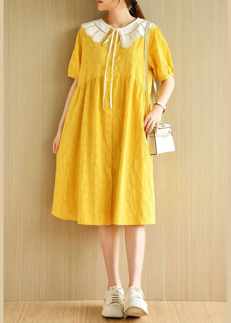 Yellow Button Patchwork Summer Cotton Short Sleeve Dress
