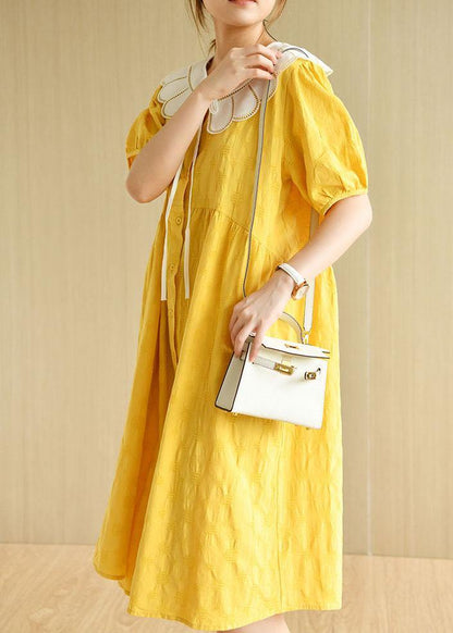 Yellow Button Patchwork Summer Cotton Short Sleeve Dress