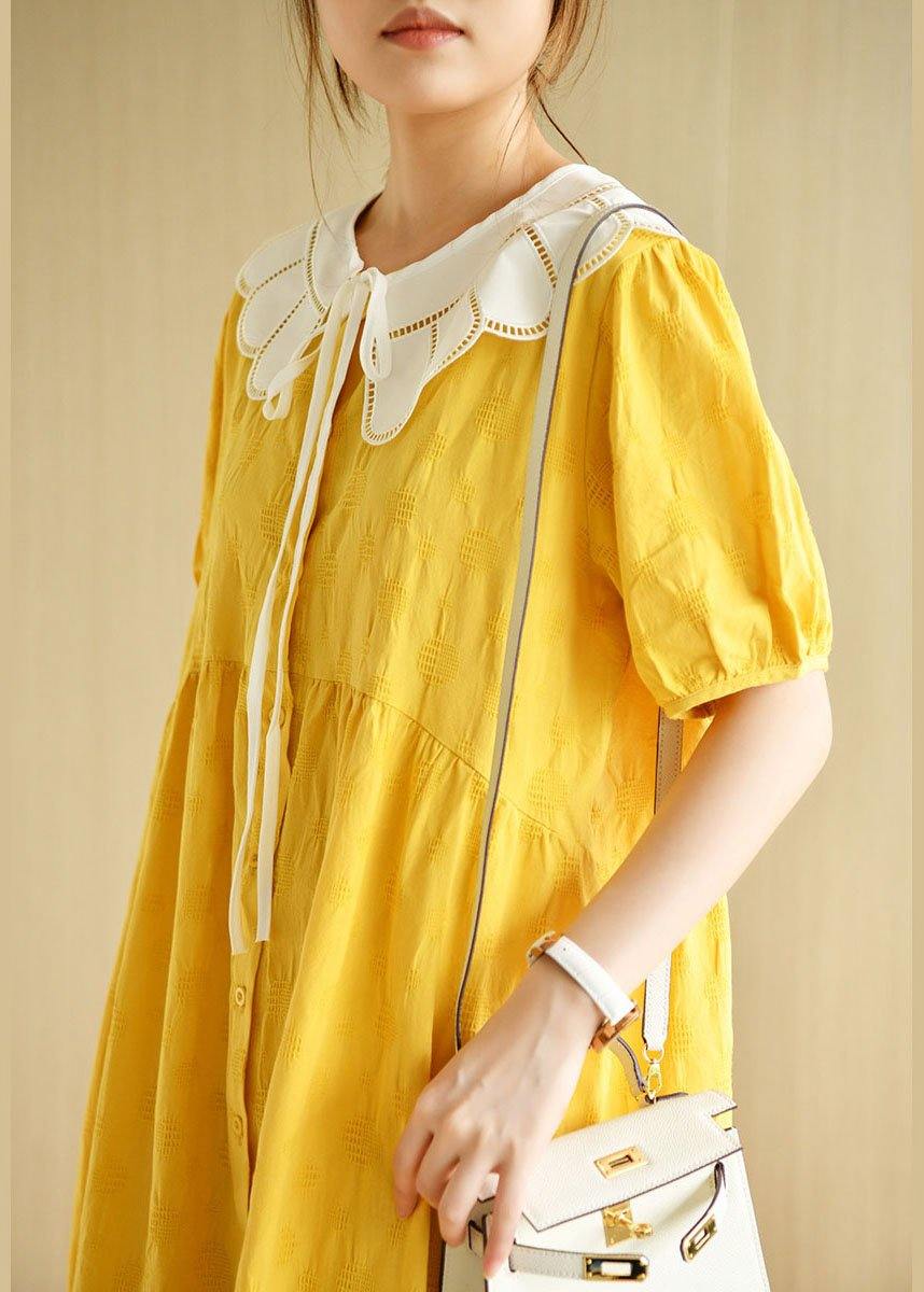 Yellow Button Patchwork Summer Cotton Short Sleeve Dress