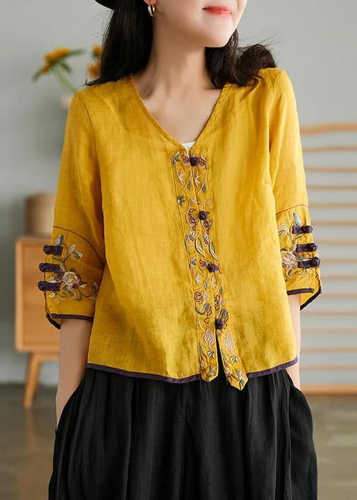 Yellow Ramie Cardigan Embroidered Shirt
