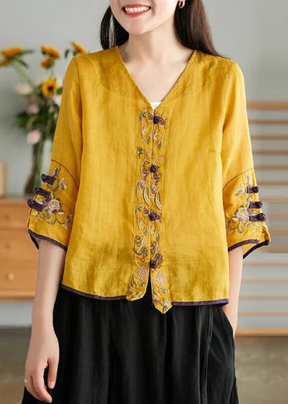 Green Beads Ramie Cardigan Embroidered Shirt