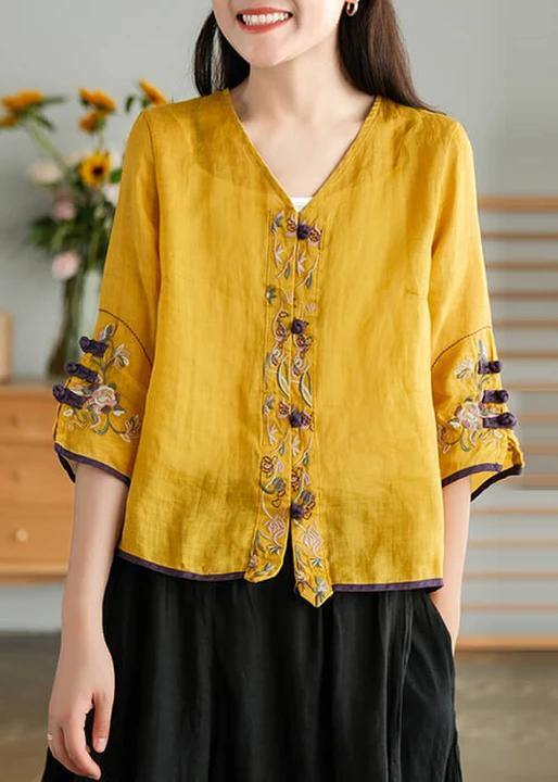 Red Polka Dots Ramie Cardigan Embroidered Shirt