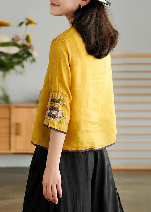 Green Beads Ramie Cardigan Embroidered Shirt