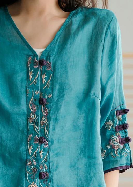 Green Beads Ramie Cardigan Embroidered Shirt