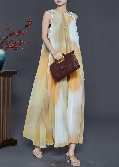 Yellow Cold Shoulder Tie Dye Chiffon Beach Dress Summer