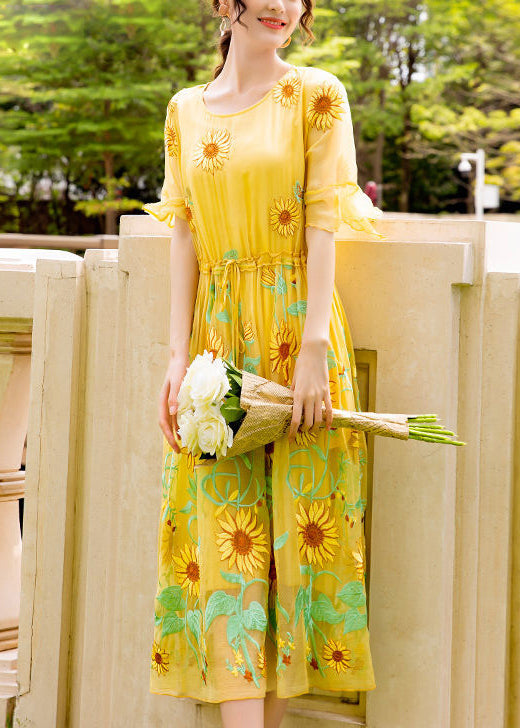 Yellow Daisy Embroideried Tie Waist Silk Vacation Dresses Flare Sleeve