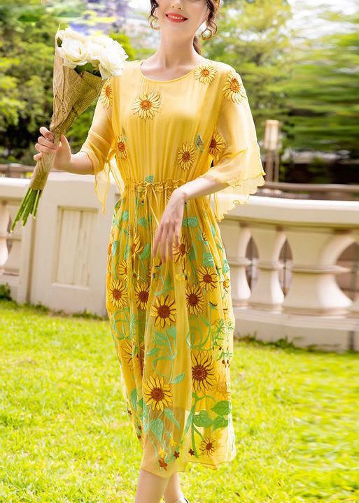 Yellow Daisy Embroideried Tie Waist Silk Vacation Dresses Flare Sleeve
