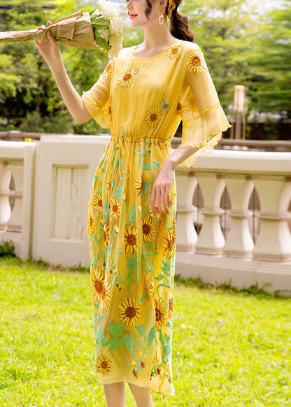 Yellow Daisy Embroideried Tie Waist Silk Vacation Dresses Flare Sleeve