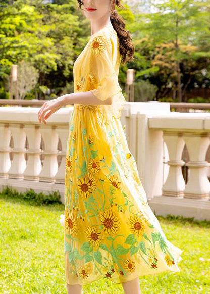 Yellow Daisy Embroideried Tie Waist Silk Vacation Dresses Flare Sleeve