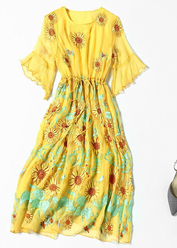 Yellow Daisy Embroideried Tie Waist Silk Vacation Dresses Flare Sleeve