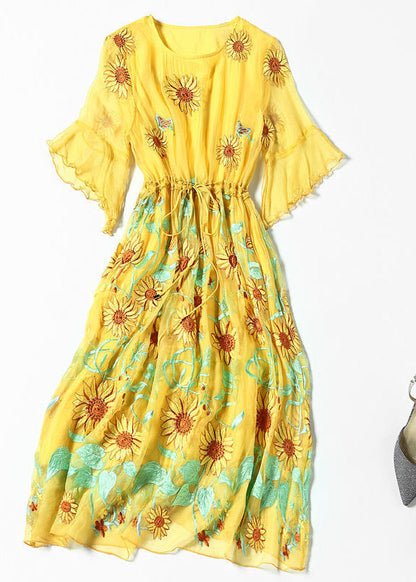 Yellow Daisy Embroideried Tie Waist Silk Vacation Dresses Flare Sleeve