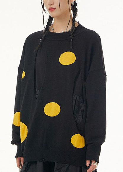 Yellow Dot O Neck Patchwork Knit Sweaters Tops Spring