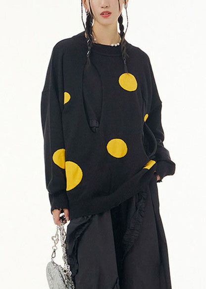 Yellow Dot O Neck Patchwork Knit Sweaters Tops Spring