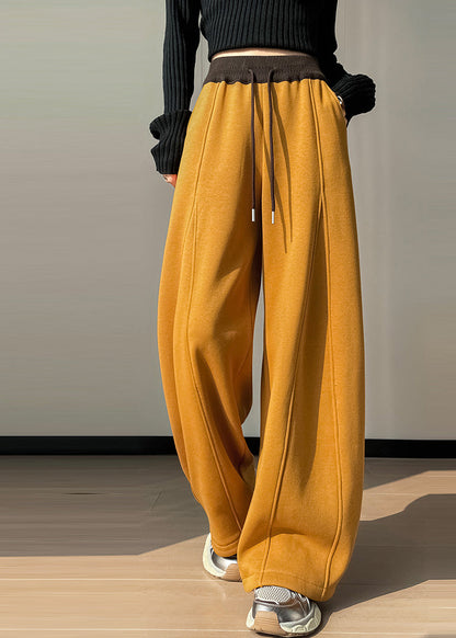 Yellow Elastic Waist Patchwork Warm Fleece Pants Winter