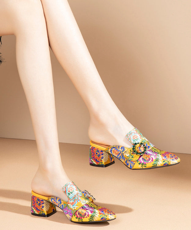 Yellow Embroidered Zircon Satin Chunky Sandals