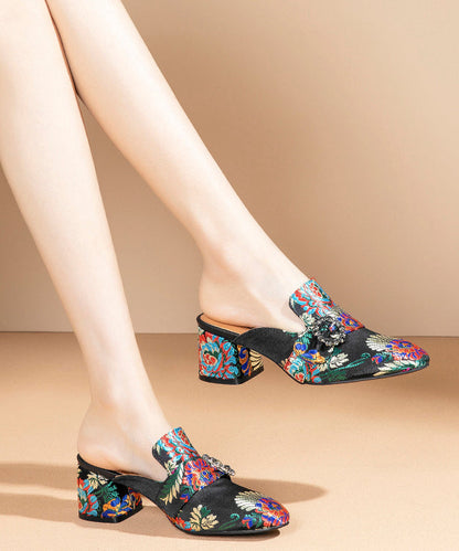 Yellow Embroidered Zircon Satin Chunky Sandals