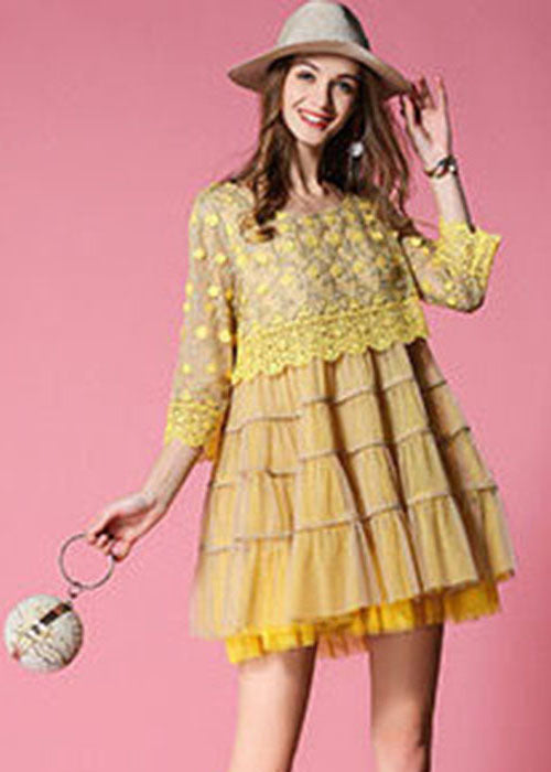 Yellow Embroideried Lace Patchwork Tulle Dress Bracelet Sleeve