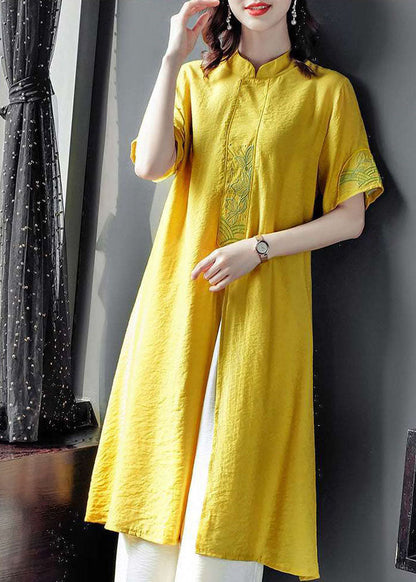 Yellow Embroideried Side Open Linen Two Piece Set Spring