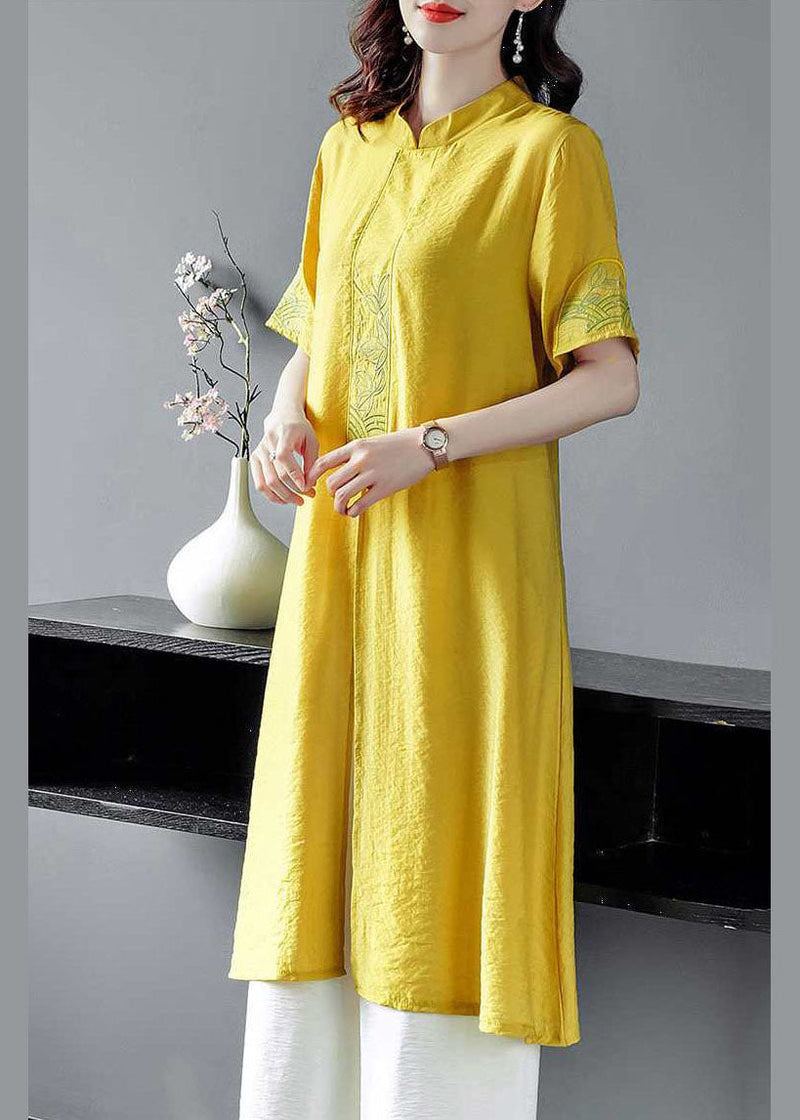 Yellow Embroideried Side Open Linen Two Piece Set Spring