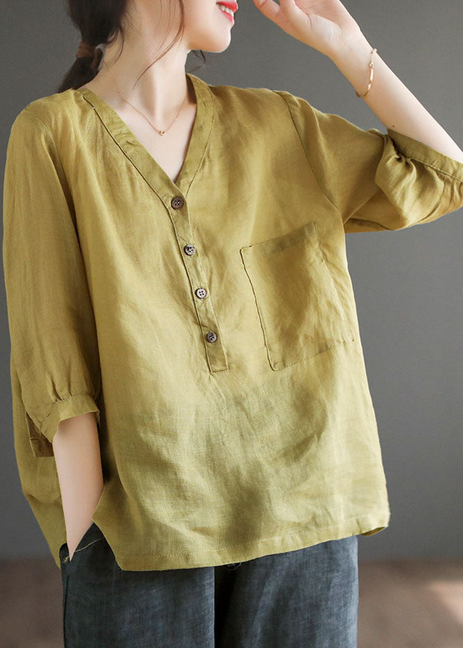 Yellow Green V Neck Button Color Linen Shirts Bracelet Sleeve