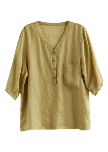 Yellow Green V Neck Button Color Linen Shirts Bracelet Sleeve