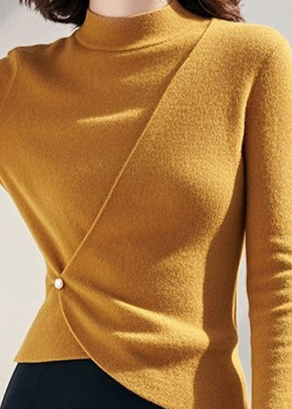 Yellow Half High Neck Asymmetrical Knit Sweaters Spring