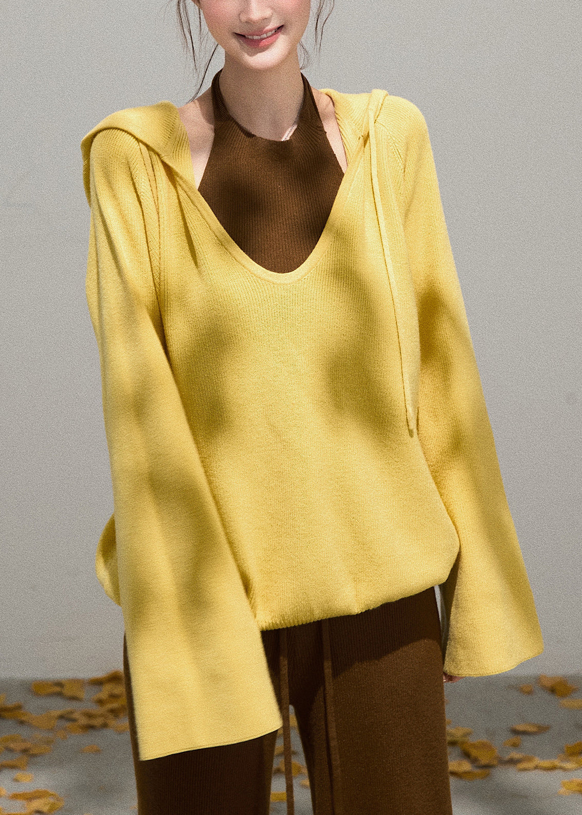Yellow Hooded Knit Pullover Sweatshirt Fall