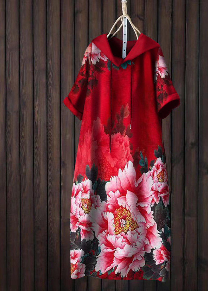 Yellow Hooded Print Patchwork Cotton T Shirt Dress Summer