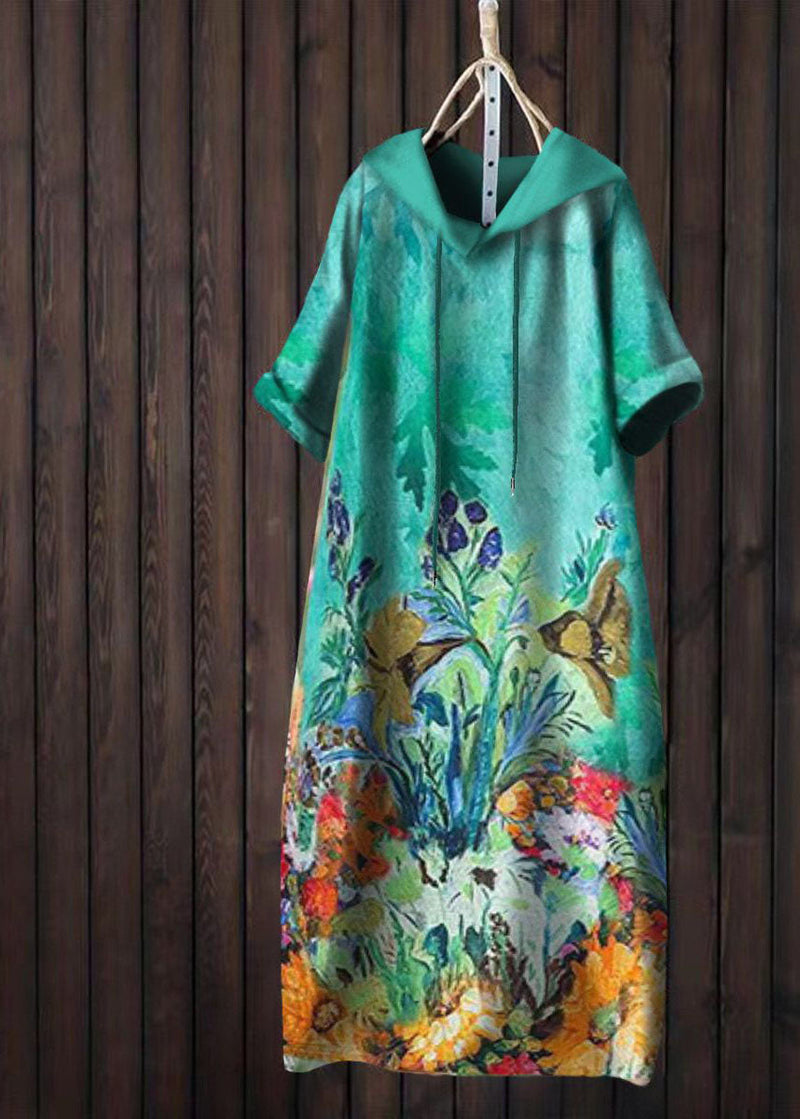 Yellow Hooded Print Patchwork Cotton T Shirt Dress Summer
