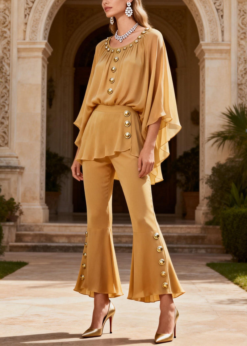 Yellow O Neck Button Patchwork Silk Two Pieces Set Summer