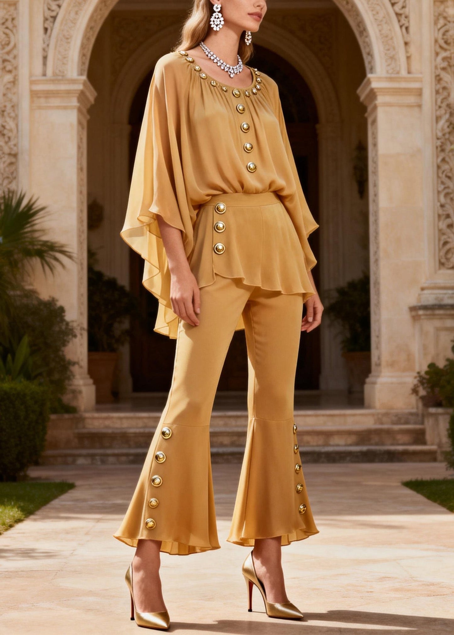 Yellow O Neck Button Patchwork Silk Two Pieces Set Summer