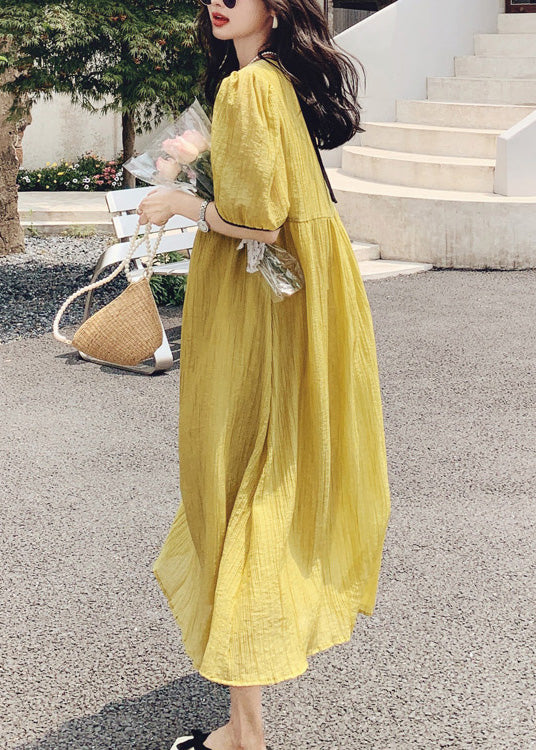 Yellow O Neck Patchwork Cotton Dress Summer