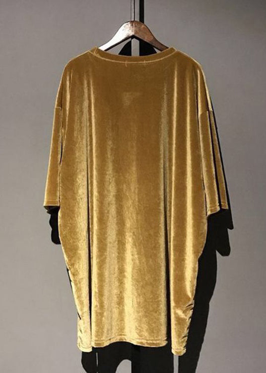 Yellow O Neck Patchwork Velour Mid Dress Half Sleeve