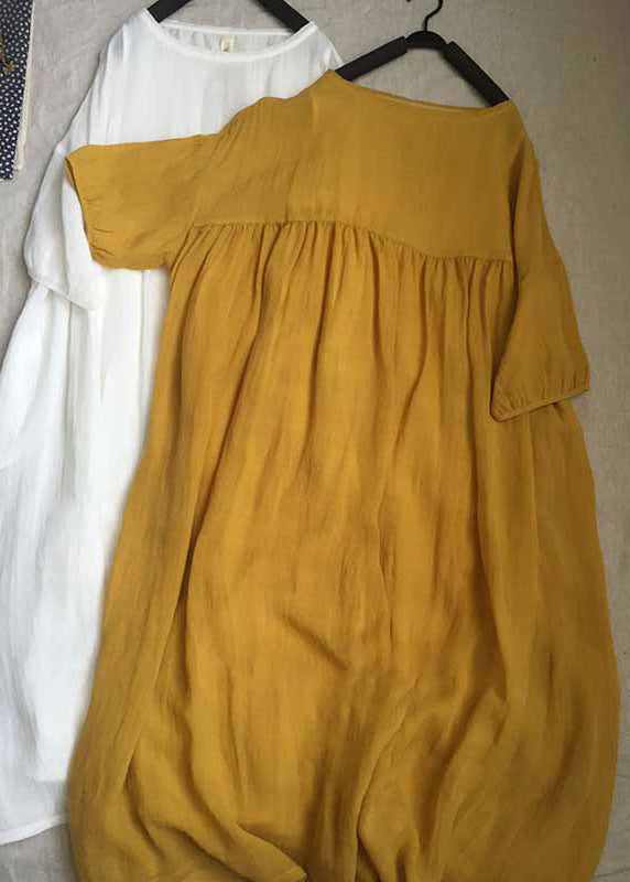 Yellow O-neck Patchwork Wrinkled Long Dresses Short Sleeve