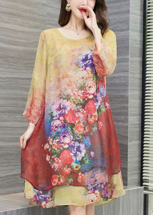Yellow O Neck Print Patchwork Chiffon Dress Summer