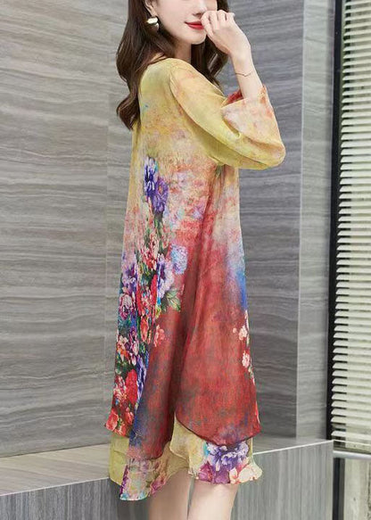 Yellow O Neck Print Patchwork Chiffon Dress Summer