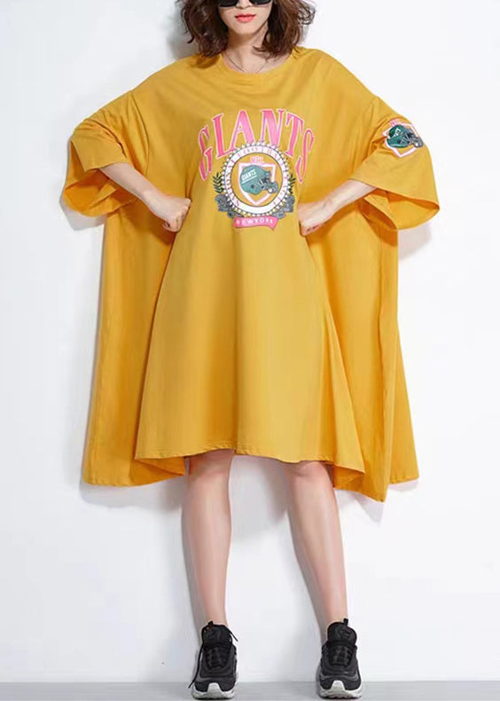Yellow O Neck Print Patchwork Cotton Mid Dress Summer