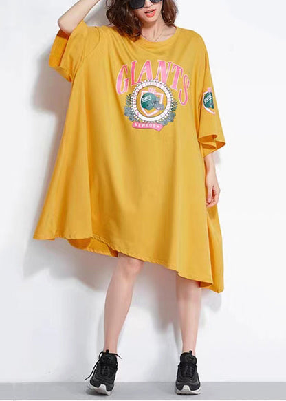 Yellow O Neck Print Patchwork Cotton Mid Dress Summer