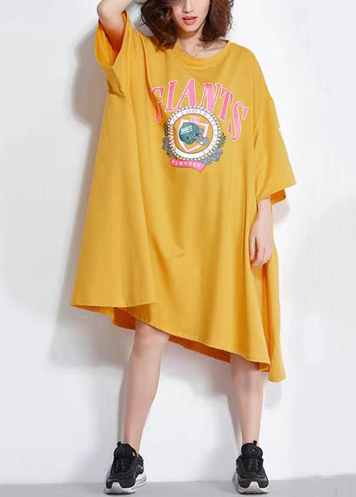 Yellow O Neck Print Patchwork Cotton Mid Dress Summer