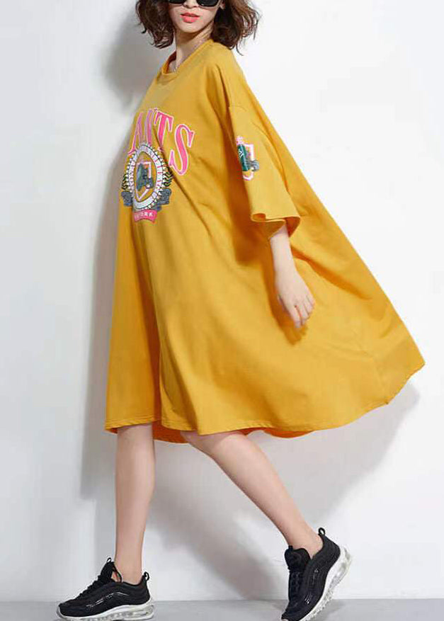 Yellow O Neck Print Patchwork Cotton Mid Dress Summer